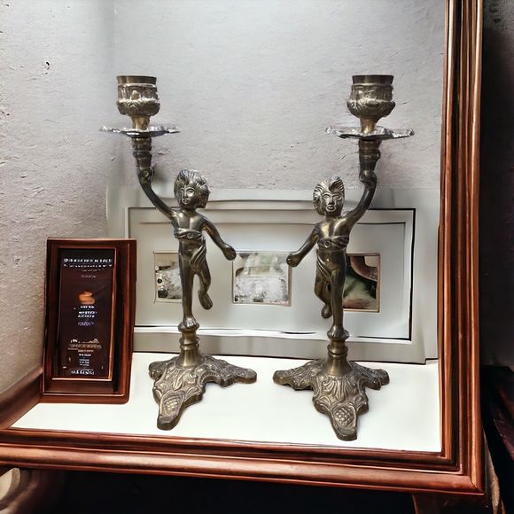 Lot of 2 Vintage Brass Candle Holder Candlestick Figural, A Pair